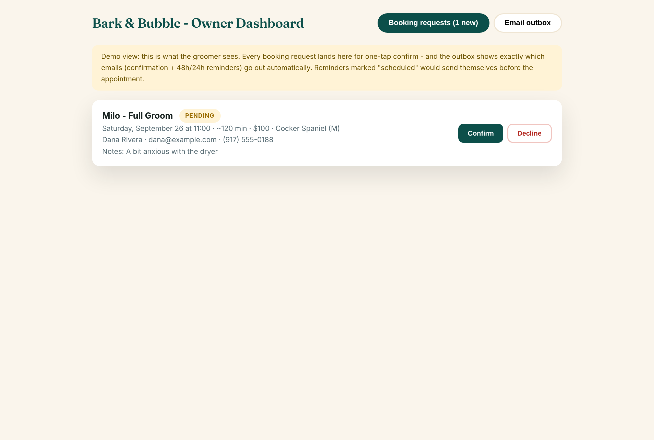 The owner dashboard with booking requests