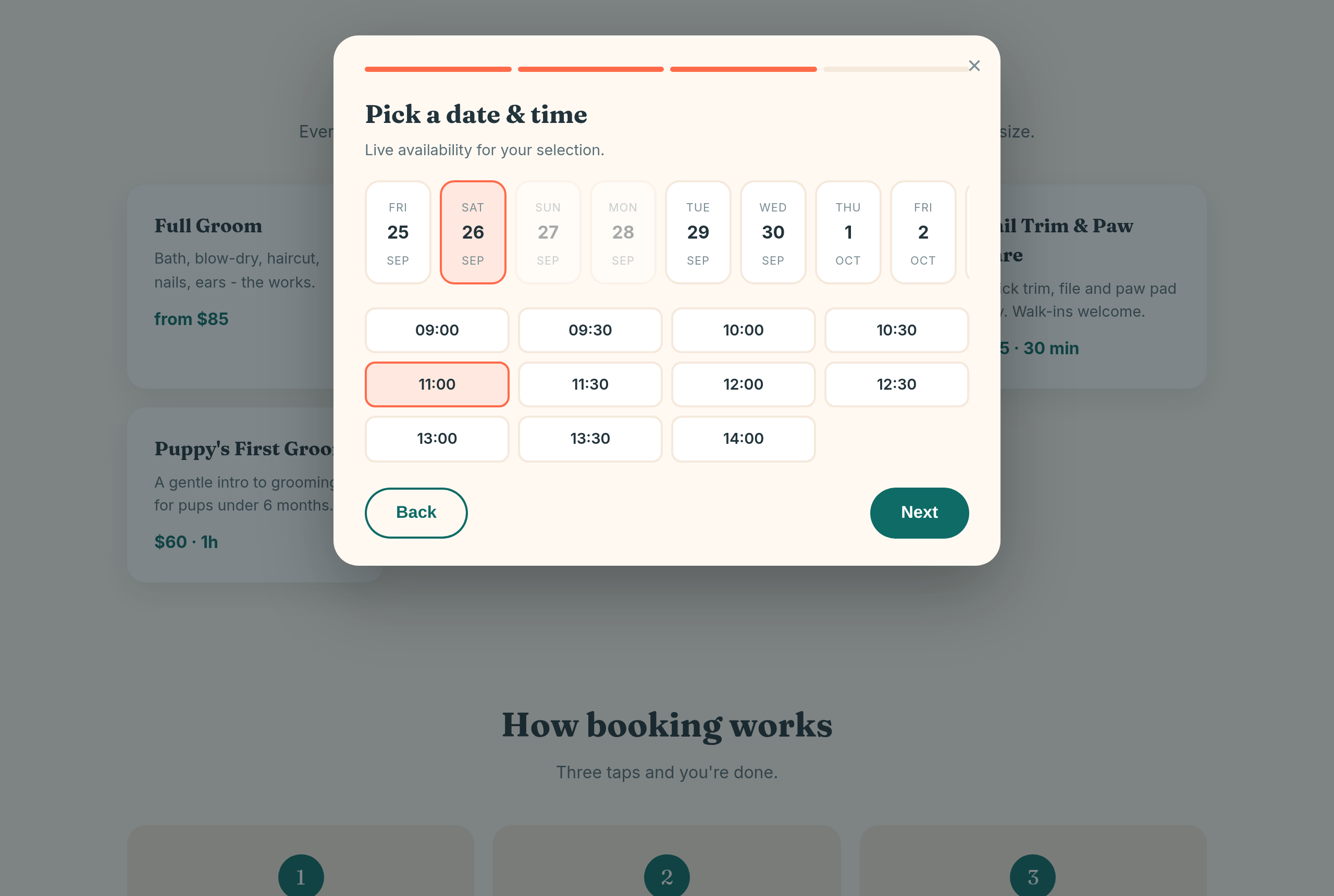 The online booking flow with live time slots